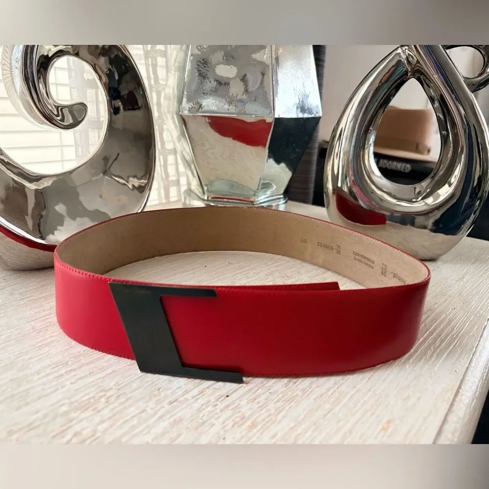 VTG Pierre Cardin Red Leather Metal Buckle Wide Belt Size 75